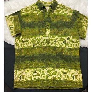 Vintage Large Iolani Green Barkcloth Button Down Collar Pullover Hawaiian Shirt